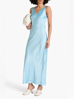 VINCE. Size S Crinkled Satin Maxi Slip Dress V-NECK SLEEVELESS LIGHT BLUE